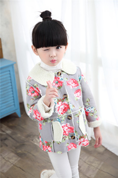 2015冬季新款女童韩版花朵印花麂皮羊羔绒外套