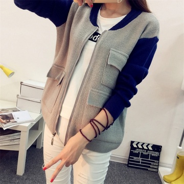 纤芙莉2015秋装新款女装韩版棒球衫拉链针织衫开衫毛衣外套