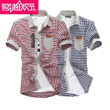 2015夏季新款青少年男装韩版修身薄款短袖衬衫格子半袖衬衣潮包邮