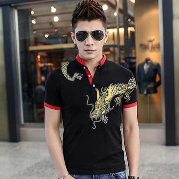 夏季潮男短袖T恤V领 2015中国风龙图案印花半袖体恤男士上衣修身