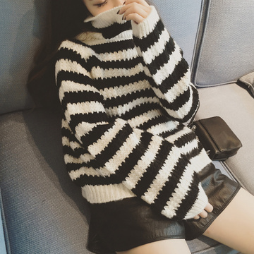 ISSDM定制 冬季新款韩版高领条纹长袖毛衣女针织衫上衣女装潮