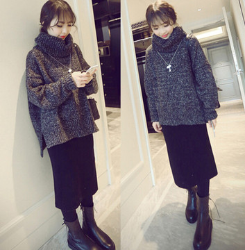 冬季新款韩版高领套头针织衫女学生宽松大码毛衣加厚外套冬装女装
