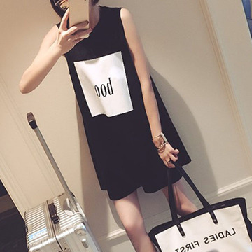 2016夏季新款韩版宽松中长款A字型圆领无袖字母印花T恤背心裙女装