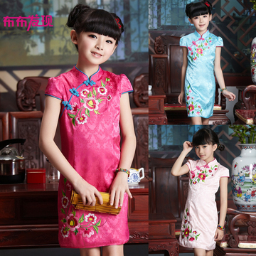 中国风童装女童旗袍夏季短袖公主裙绣花织锦缎儿童唐装古筝演出服