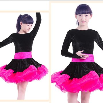 拉丁舞服装女童秋冬季新款拉丁裙儿童比赛演出丝绒舞蹈长袖练功服