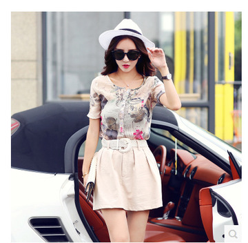 2015夏装新款韩版女装时尚宽松显瘦印花短袖棉麻套装连衣裙子女