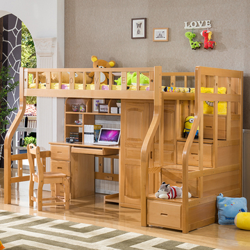 温特福 子母床 榉木实木儿童床 书桌组合床 母子床