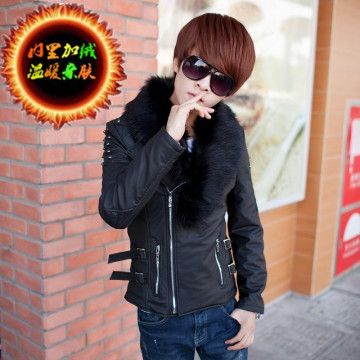 男式加绒pu皮夹克新款学生毛领皮衣青少年韩版修身加厚保暖外套潮