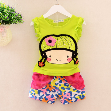 2016夏季韩版童装 无袖女童可爱小辫子T恤套装 儿童夏装两件套