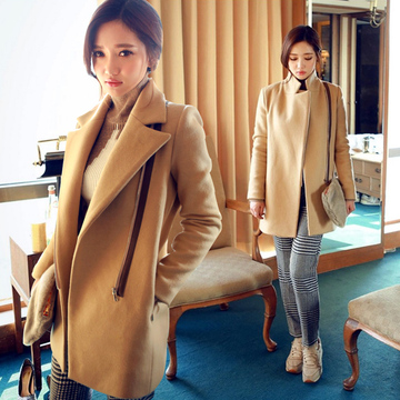韩国代购2015冬装新款女装翻领中长款妮子大衣韩版修身毛呢女外套