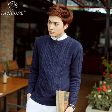 3d冬季加绒衬衫男青少年韩版修身型加厚针织衫/毛衣圆领套头休闲