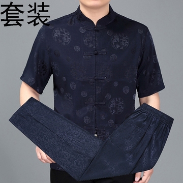 中国风真丝唐装男短袖套装夏季中老年人桑蚕丝爸爸装汉服中式二件