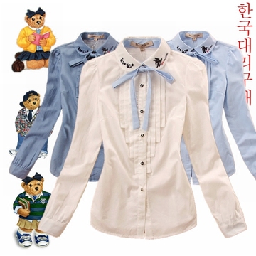 韩国高档品牌代购小熊学院风秋装新款少女装刺绣翻领褶皱长袖衬衫