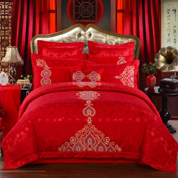 全棉提花婚庆四件套大红色结婚床上用品六八十件套 新婚多件套件
