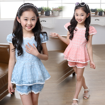 2015黄色2件两件夏季新款夏装蕾丝中大童韩版宝宝衣服休闲套装