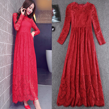 2016春装新款蕾丝连衣裙长袖韩版圆领修身长裙红色连衣裙仙女裙潮