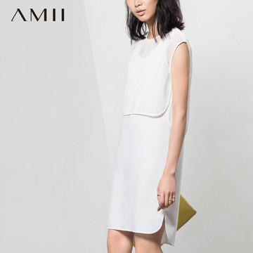 AMII及简2015夏新纯色网格镂空H型宽松大码两件套连衣裙11570412
