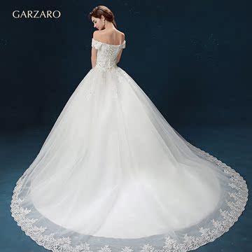 2015新款韩版夏秋一字肩拖尾婚纱时尚白色齐地婚纱显瘦蕾丝定制