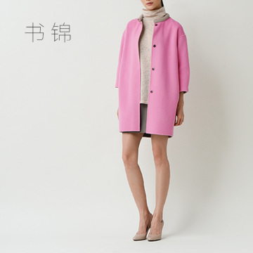 2015纯手工羊绒大衣女双面双色中长款茧型简约羊毛外套九分袖上衣