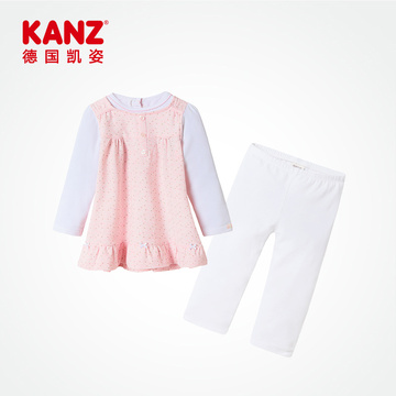 KANZ婴儿假两件连衣裙子裤子纯棉套裙女宝宝长袖套装0-1岁家居服