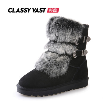 CLASSYVAST科维冬季牛皮羊毛加厚平底兔毛中筒棉鞋平跟女雪地靴