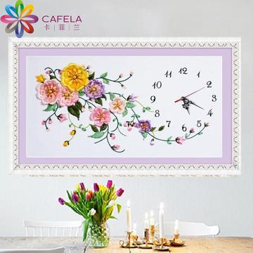 卡菲兰丝带绣 钟表挂画新品 卧室客厅餐厅花之彩 印花十字绣挂钟