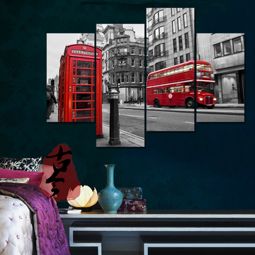 现代客厅装饰画伦敦巴士挂画餐厅墙画咖啡馆壁画红色电话亭无框画