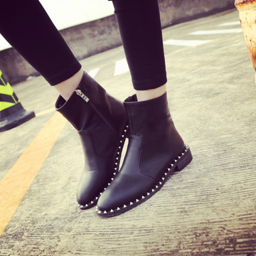 2015新款冬款水钻铆钉马丁靴女鞋子短靴女靴子侧拉链黑色低跟