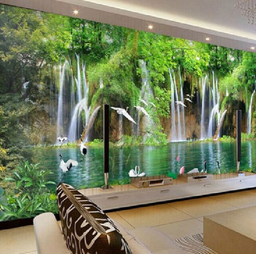 大型壁画3d立体风景画瀑布电视客厅背景装饰无缝墙纸壁纸绿色护眼