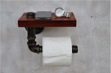 欧式复古工业水管置物架 简易隔板卫生间浴室实木纸巾墙上置物架