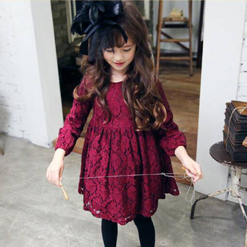 韩版女童秋冬蕾丝连衣裙加绒新年红色儿童公主裙礼服裙大童母女装