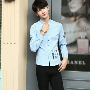 夏季男士长袖牛仔衬衫青少年韩版修身字母印花纯色衬衣薄款外套潮