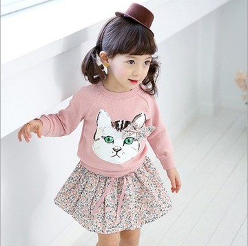 女童2015秋季新款T恤儿童时尚上衣女童韩版梭织棉卡通猫咪长袖T恤