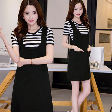 背带裙女夏2016韩版新款显瘦短袖条纹学院两件套吊带黑色连衣裙潮
