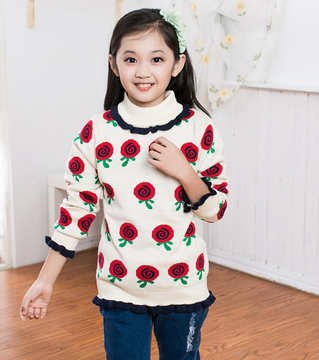 新款2015秋冬女童针织开衫中大童韩版儿童木耳花边羊绒毛衣