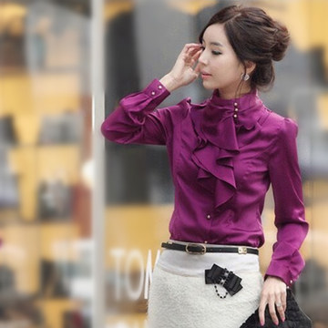 【天天特价】女士衬衣韩版立领气质时尚衬衣荷叶边OL职业长袖衬衫