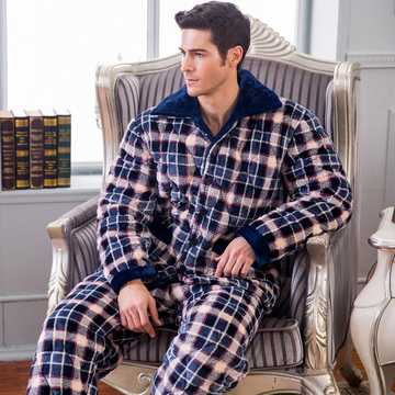 2015冬季男士睡衣加厚珊瑚绒夹棉家居服中年法兰绒棉袄套装特价
