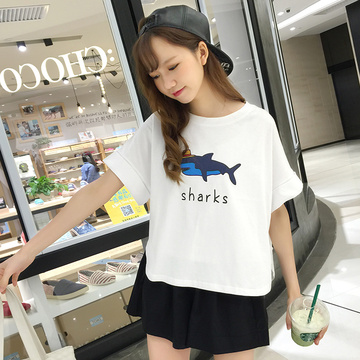 夏季新款韩版女装竹节棉纯棉卡通字母短袖蝙蝠衫T恤女体恤衫