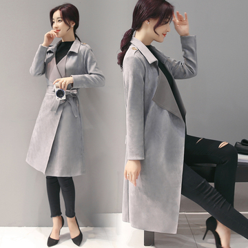 2016秋装新款女装韩版修身长袖气质麂皮绒女式风衣中长款春秋外套