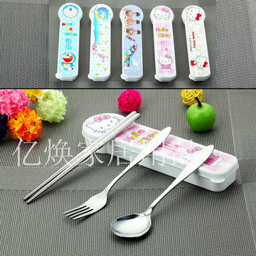 便携餐具不锈钢勺子叉子筷子套装三件套学生韩国环保旅行卡通盒