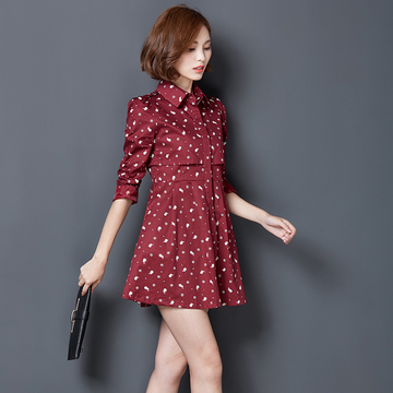 帛柏 2016年秋装新款女装时尚韩版中长款七分袖方领花色连衣裙