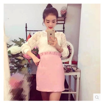 2016春季小女生新款时尚气质名媛压折蕾丝上衣高腰花瓣皮裙子套装