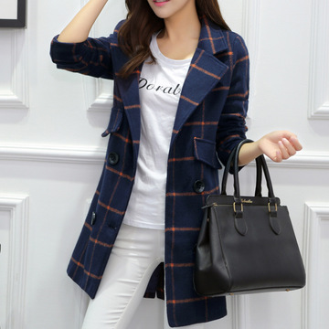 2015秋装新款女装韩版修身中长款格子毛呢外套显瘦羊绒呢子大衣女