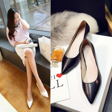 2015春季新款中低跟尖头女鞋纯色亮皮真皮时尚简单职业工作鞋