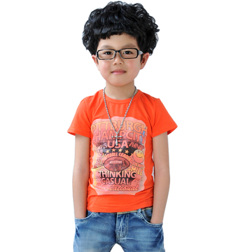 贝梵琪童装男童夏装2015新款宝宝短袖T恤儿童圆领打底衫橘白两色