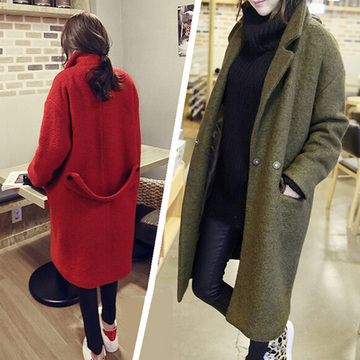 2015冬季新款韩版女装茧型中长款修身毛呢子大衣加厚毛呢外套潮