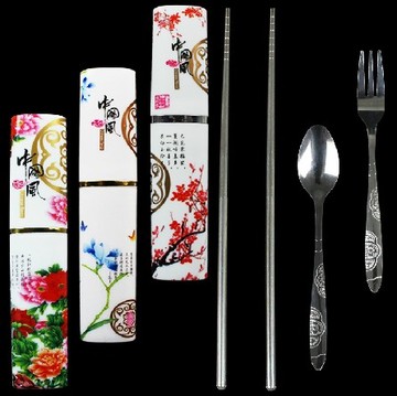 中国风餐具三件套不锈钢餐具套装 礼品促销餐具户外野营可印logo