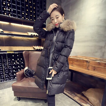 冬季韩版女装连帽毛领加厚显瘦修身长袖保暖中长款羽绒棉衣服外套