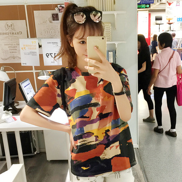 夏季新款女装韩国修身显瘦纯棉印花短袖T恤女简约学生体恤衫