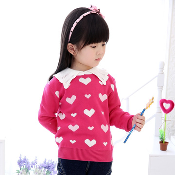 2015新款童装女童韩版纯色针织纯棉春款儿童娃娃领翻领毛衣